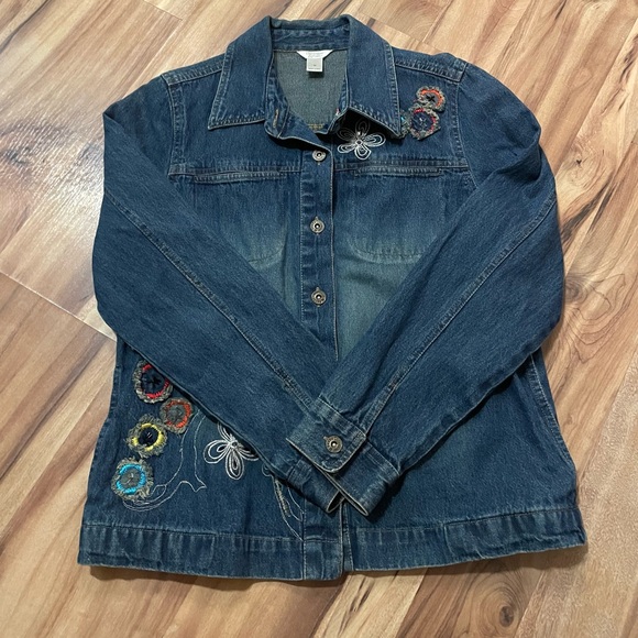 VTG Christopher & Banks Blue Denim Jacket with Floral Embroidery Sz M - Picture 2 of 11
